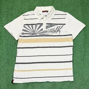Vintage Tony Hawk Polo Shirt Mens XL White Striped Skater Style Graphic Y2K